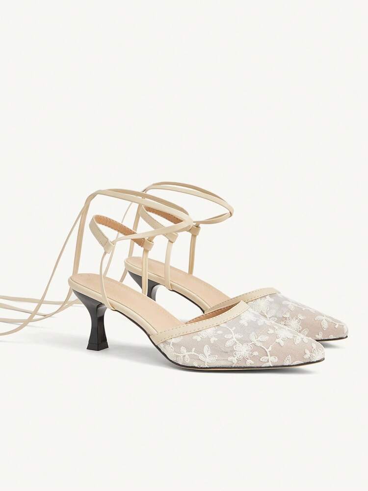 CUCCOO CHICEST Women's Fashionable Elegant White Lace Criss-Cross Strap High Heel Pumps