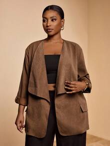 Slaydiva 2025 Nuevo Blazer informal de otoño/invierno para mujer de talla grande, corte holgado, tacto de terciopelo, cuello de solapa, manga 3/4, bolsillos, adecuado para negocios, casual, oficina, calle, vacaciones, graduación, fiesta, Día de la Independencia - Caqui - Ver 1