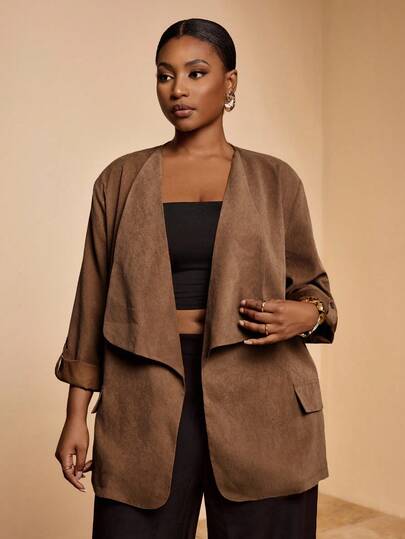 Slaydiva 2025 新款秋冬大码女式休闲西装外套，宽松版型，天鹅绒质感，翻领，3/4 袖，口袋，适合商务、休闲、办公室、街头、度假、毕业典礼、派对、独立日