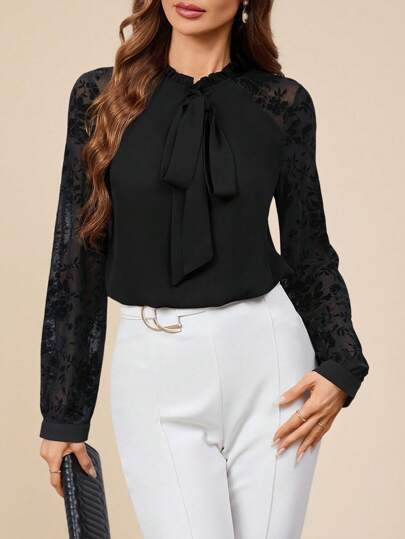 Amorya 花呢圓領頸帶蝴蝶結燈籠袖襯衫