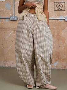 COUREZ 男女通用低腰宽松筒状格纹棉质长裤 - 杏色 - 查看 1