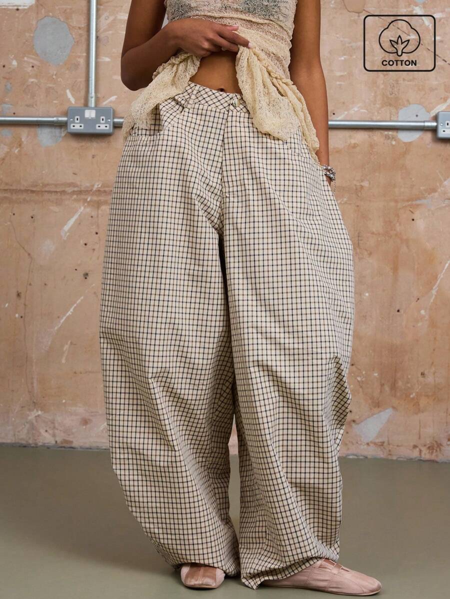 COUREZ 男女通用低腰宽松筒状格纹棉质长裤 - 杏色 - 查看 1