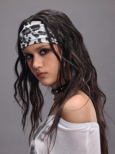Grunge Punk 1pc Fashion Double Laser Holographic Rhinestone Wide Headband, Gyaru Style Leopard Print Elastic Hair Wrap, And Versatile Hairband For Everyday Use