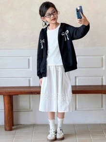 SHEIN Genkimix Kids 少女蝴蝶结印花拉链卫衣，秋冬季时尚之选 - 黑色 - 查看 3