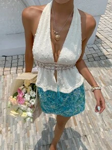 Serisse 女士性感吊坠装饰露背吊带上衣，夏季 - 杏色 - 查看 5