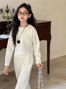 Genkimix Kids 青少年女孩纯色圆领长袖运动衫和运动裤休闲简约套装 - 米色 - 查看 6