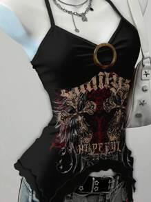 Attitoon Top de tirantes asimétrico con estampado de letras y cruces, estilo punk para mujer - Multicolor - Ver 5