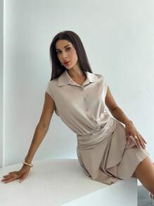 Firerie Women's Champagne Shirt Collar Ruffle Trim Mini Dress, Romantic Elegant Dress, Spring/Summer Clothing, Commute, Elegant, Romantic, Date, Music Festival, Work Attire