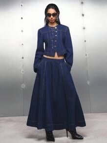 LYSMO 女士时尚通勤斜襟短款牛仔夹克