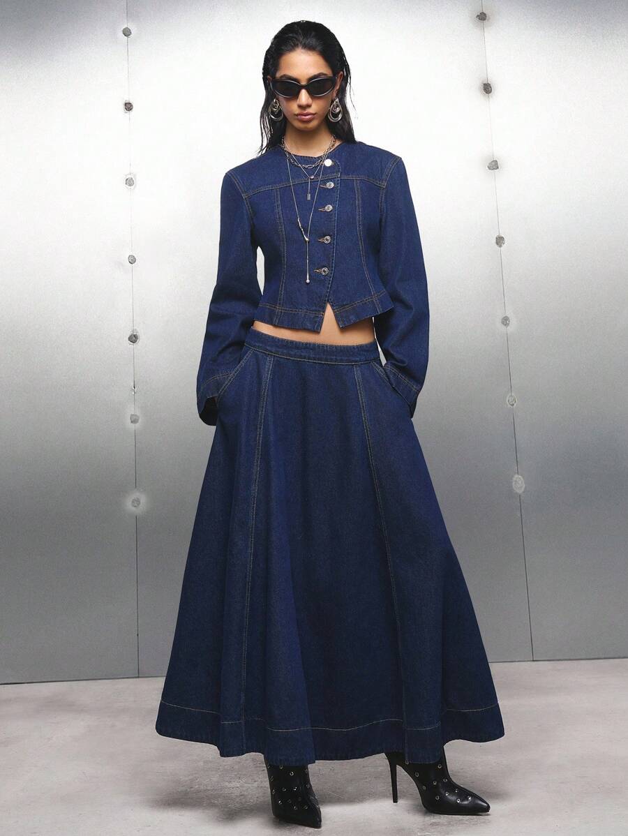 LYSMO 女士时尚通勤斜襟短款牛仔夹克