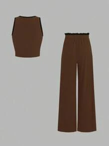 SHEIN Unity 2 件套女士拼色针织弹力修身运动服套装，包含背心和裤子，适合健身、休闲和家居服 - 棕色 - 查看 2