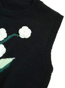 Lunelith SHEIN Lunessa Minimalist Sweet Women's Summer Loose Black 3D Floral Vest Knit Sleeveless Top