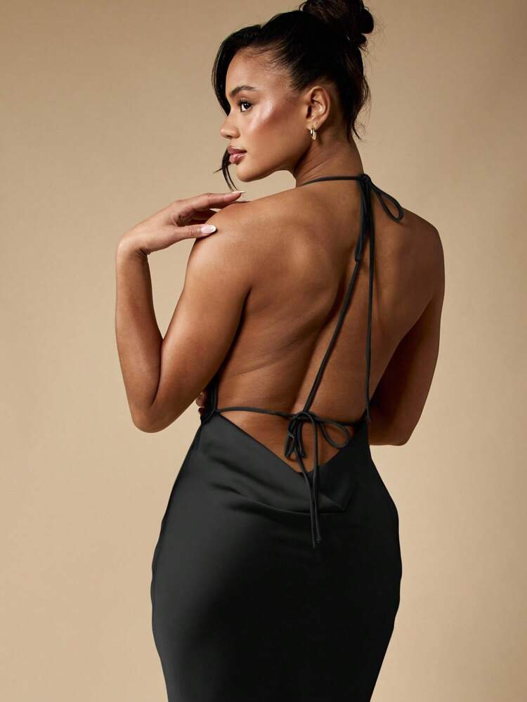 MISSGUIDED Evening Cowl Neck Maxi Dress Formal Ball Gown Backless Halter Neck Floor Length Gown Wedding Guest Party Prom Elegant Satin Draped