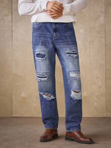Manfinity Homme Men's Casual Denim Skinny Ripped Jeans With Pockets - Light Wash - View 5