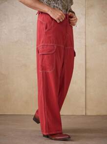 RivetRise Men's Loose Fit Wide Leg Adjustable Waist Split Design Red Jeans, Spring/Summer - Red - View 5