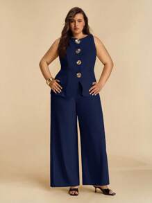SHEIN BAE Plus Size Women's Summer Fashion Commuter Solid Color Vest & Pants Set/ Plus Size Two Pieces Outfits/ Plus Size 2 Pieces Sets/ Plus Size Wide Leg Pantsuit/ - Navy Blue - View 6