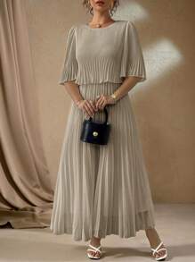 Roveilla Plus Size Elegant Ladies Solid Color Chiffon Pleated Dress, Suitable For Spring & Summer - Khaki - View 1