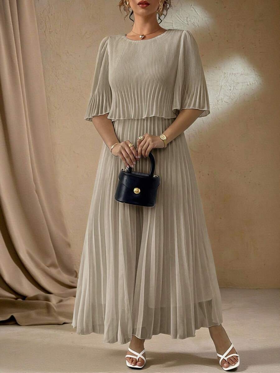 Roveilla Plus Size Elegant Ladies Solid Color Chiffon Pleated Dress, Suitable For Spring & Summer - Khaki - View 1