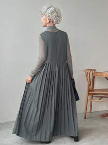 FRIFUL فستان كاجوال بياقة مستديرة وأكمام بلا أكمام، لون رمادي داكن، مزين بطيات في الذيل، مناسب للمكتب والأعمال الرسمية الكاجوال - رمادي غامق - مشاهدة 4