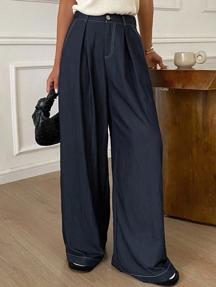 Contrast Color Stripe Loose Wide Leg Pants With Pockets, Casual Trousers For Women, Spring/Autumn Women Dress Pants