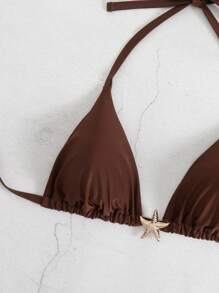 Swim Basics Plus Size Women's Solid Color Halter Bikini Top, Summer - Coffee Brown - View 3