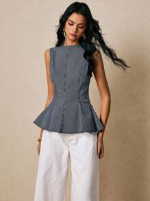 Poéselle Women Elegant Round Neck Peplum Sleeveless Denim Top - Dark Wash - View 5