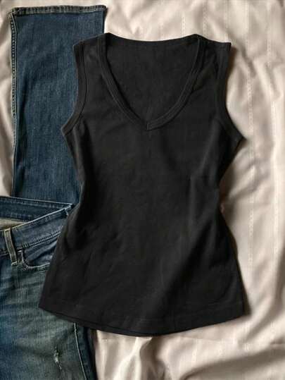 INAWLY 大码女式纯色休闲复古V领背心