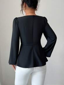 Elenzga Bluză elegantă, în linie A, cu croială slim fit, alb-negru, cu guler cu volane, cu mâneci lungi și bufante, cu perle negre, stil francez - Negru - Vizualizare 2