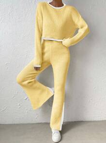 Chiquease Conjunto de 2 piezas de suéter de manga larga con hombros caídos y contraste de color y pantalones de punto con bajo dividido, suéter de punto color amarillo crema para universidad - Amarillo - Ver 6