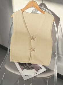 Chiquease 女士休闲日常深V领无袖海星装饰套头针织衫，适合大学穿着 - 杏色 - 查看 3