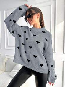 EURMUSE Heart Pattern Drop Shoulder Sweater - Light Grey - View 3