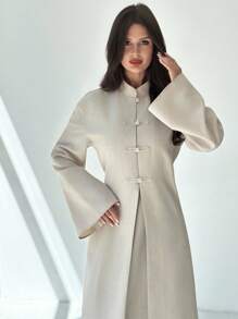 Firerie 女士优雅复古纯色高开叉加长上衣和裤子两件套 - 卡其色 - 查看 4