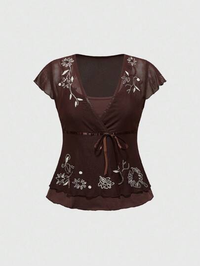 Goth Boho Urlaubs Blumen bestickte Perlen 2 in 1 Damen T-Shirt