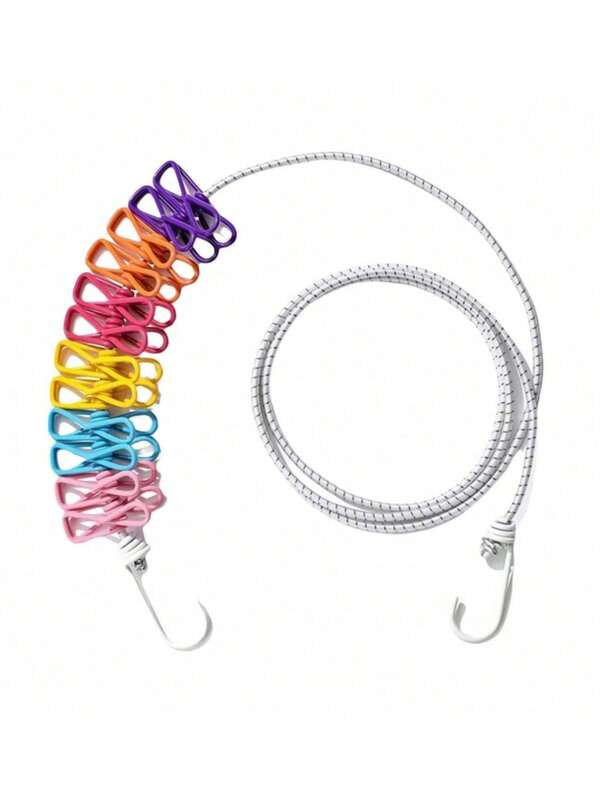 1 PIEZA Tendedero portátil para viajes - Cuerda de secado retráctil con 12 pinzas (color aleatorio), cuerda de lavado a prueba de viento para camping, exterior, interior, hotel, apartamento, balcón | Tendedero compacto, plegable y ligero para mochilero y senderismo