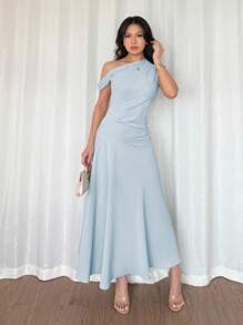 Elenzga Vestido elegante, de moda y lindo de estilo bohemio francés con volante asimétrico en el hombro y diseño entallado y acampanado en color verde macaron, adecuado para ocasiones de verano como vacaciones, graduación, Día de la Independencia, citas, vacaciones