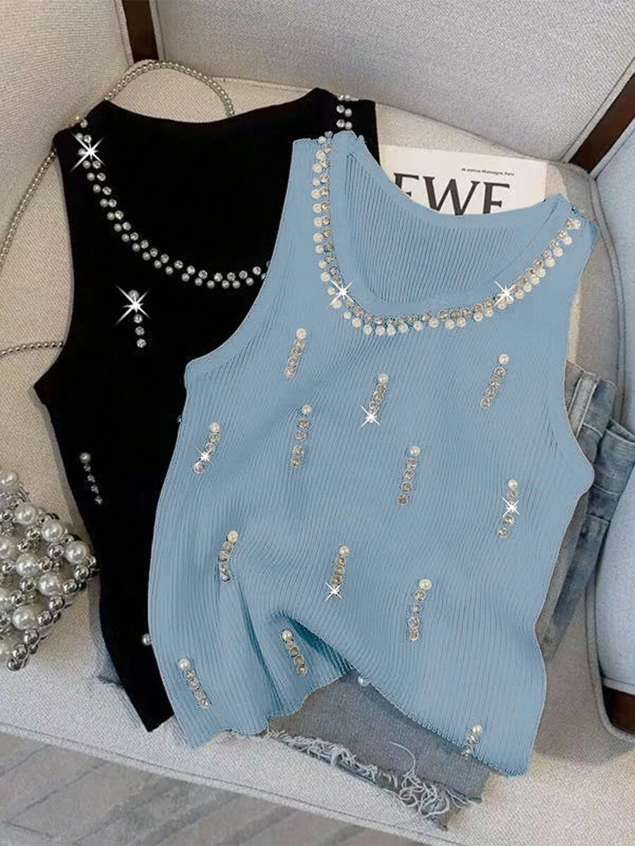 SHEIN Clasi 休闲简约百搭修身无袖可爱女装上衣，适合日常穿着 - 藍色 - 查看 1