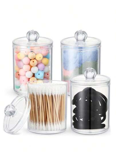 1/2/3/4/6pcs  Transparent Storage Box For Cleaning Rod, Round Pad And Dental Floss Pick - 10oz Clear Plastic Jar Set, Suitable For Bathroom And Dressing Table Storage And Organization, Black Night Stand Makeup Storage Box,Living Room Decor Pen Holder Storage Box