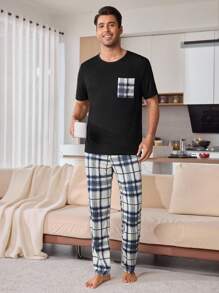 Men's Plaid Print Casual Couple Top & Pants Pajama Set - Black - View 6