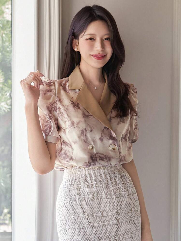Women's Elegant Floral Print Puff Sleeve Blouse, Summer Graphic Tee