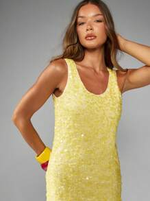 MISSGUIDED Vestido de fiesta elegante con lentejuelas, brillante, para ocasiones especiales, fiestas, festivales, noches de club, sin mangas, cuello en forma de U, vestido de cóctel con brillo