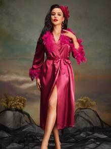 Women's Fuzzy Patchwork Long Sleeve Tie-Waist Nightgown RetroStyles DarkRomance