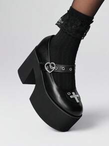 ROMWE Grunge Punk 女式朋克风格玛丽珍高跟鞋，超高跟，金属铆钉和搭扣设计，黑色厚底坡跟鞋，适合派对、日常穿着、晚礼服，增高显腿长，舒适百搭