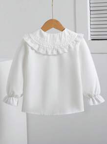 SHEIN Playful Pals Fashionable Collared Lace Trim Detachable Bowknot Ruffle Cuff Shirt, Versatile Back To School Blouse,Spring/Autumn Fall Winter - White - View 2