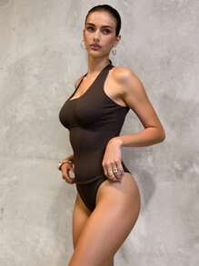 Bonvoyette Women's Summer Beach Halter Tankini Set, Halter Neck Bathing Suit - Brown - View 3