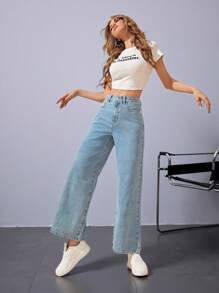 Jeanoix Solid Wide Leg Jeans - Light Wash - View 3