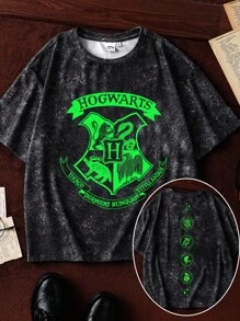 HARRY POTTER X SHEIN Tween Boy Animal Print Gray Tie-Dye Short Sleeve T-Shirt - Dark Grey - View 1