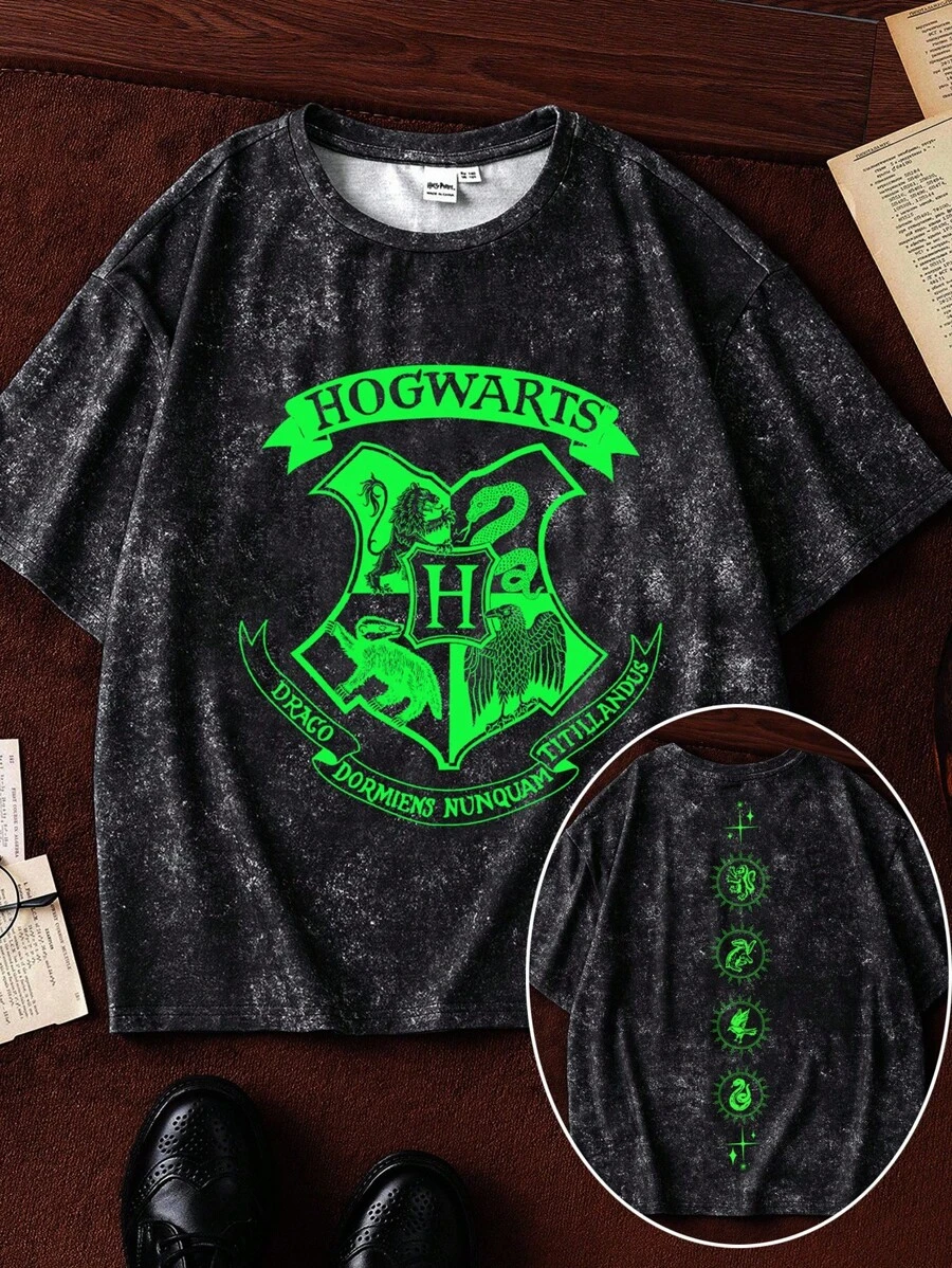 HARRY POTTER X SHEIN Tween Boy Animal Print Gray Tie-Dye Short Sleeve T-Shirt - Dark Grey - View 1