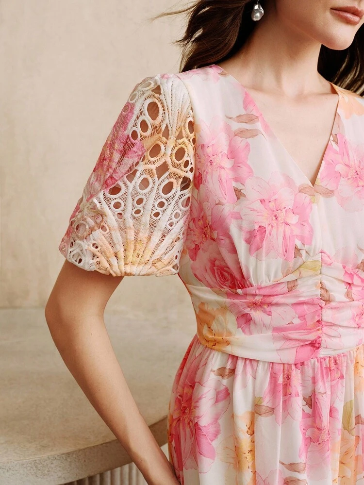 Women's V-Neck Vintage French Style Embroidered Floral Print Lantern Sleeve Waist Cinched Flared Dress