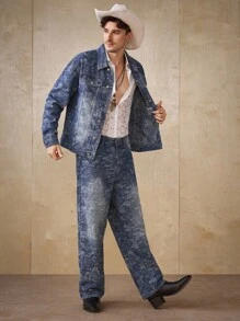 Manfinity Homme 2pcs Men Jacquard Denim Suit, Casual Loose Fit Jacket And Wide Leg Pants Set - Light Wash - View 5