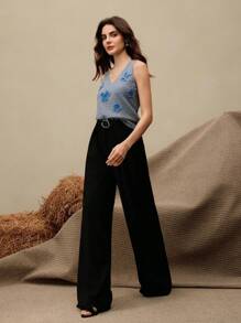 Anewsta 时尚V领无袖钩针3D花卉装饰女式背心 - 灰色 - 查看 5